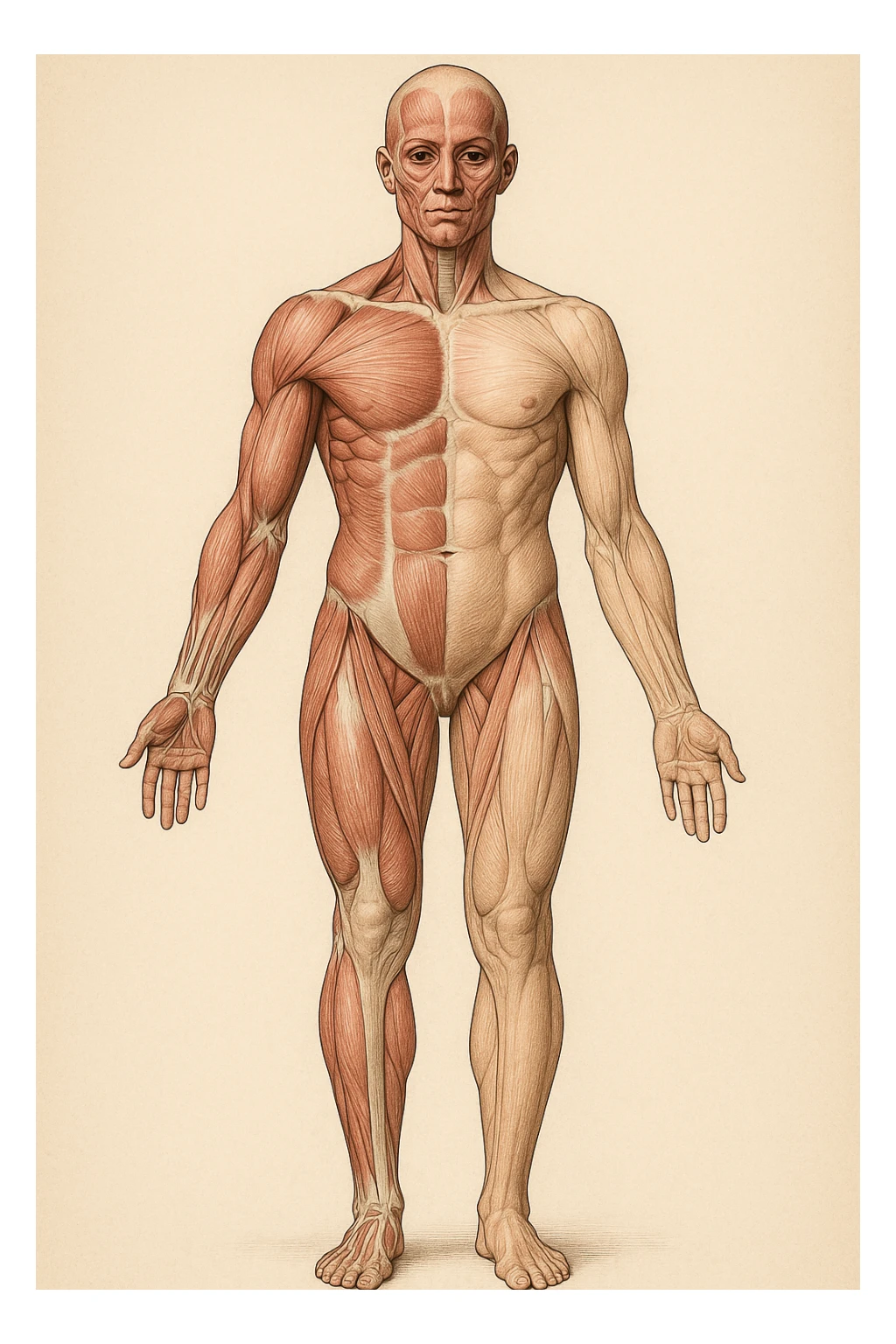 Anatomical style illustration showing a human body with muscles less developed on one side due to asymmetries, highlighting the muscular difference between the two sides, variant 5. sticker