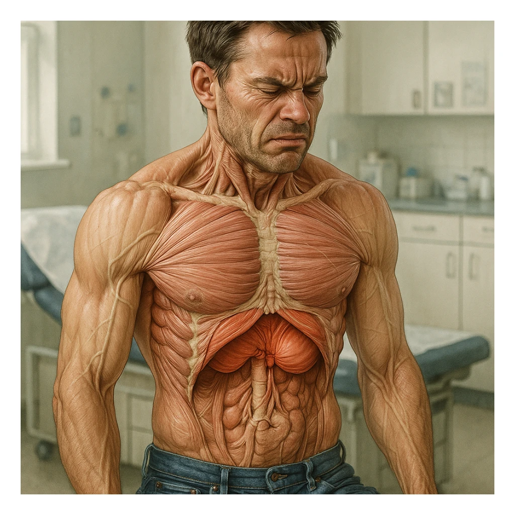 hyper realistic detailed image of a male diaphragm blocked due to stress, anatomical evidence, tense muscles, clinical atmosphere, medical environment, natural colors sticker