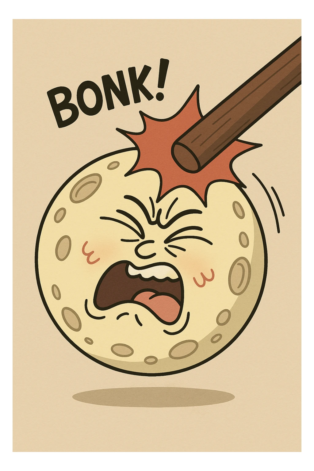 a cartoonish moon being bonked, playful and expressive, cartoon style sticker