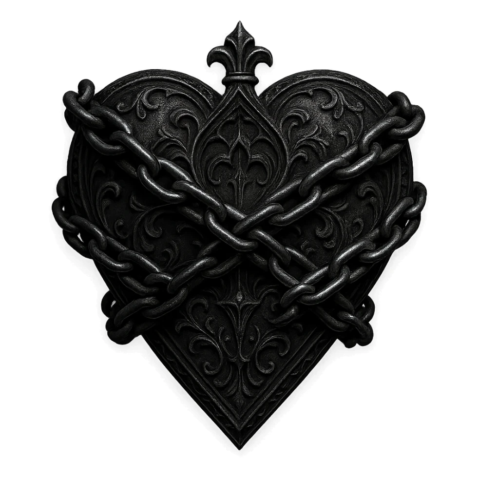 gothic style heart wrapped with a black and silver chain, gothic aesthetic, transparent background sticker