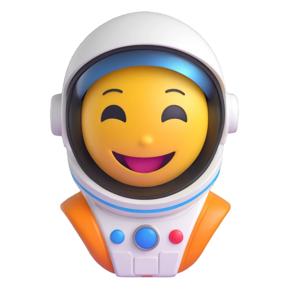 3D smiley emoji, round shape, astronaut: in spacesuit, helmet, funny face sticker