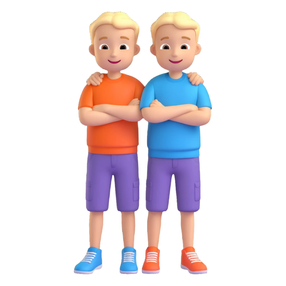 Two cartoon-style 2 boys with similar features, arms around each other's shoulders, smiling, matching outfits, standing close, white background, emoji style sticker