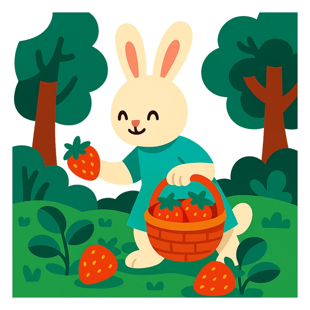bunny picking strawberries in the woods, sweet pastel red, vibrant toon style sticker