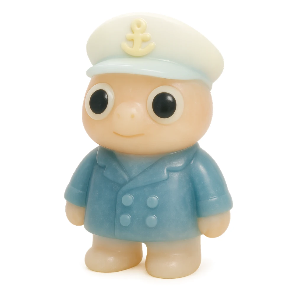 full-body boat captain, retro 90's toy style, very transparent and slightly see-through, natural tan skin, white captain's hat, navy jacket, large round derpy eyes like reference turtle, soft plastic texture, soft reflections, soft and squishy, some cloudiness, not shiny, highly detailed, appealing, no tag, no background sticker