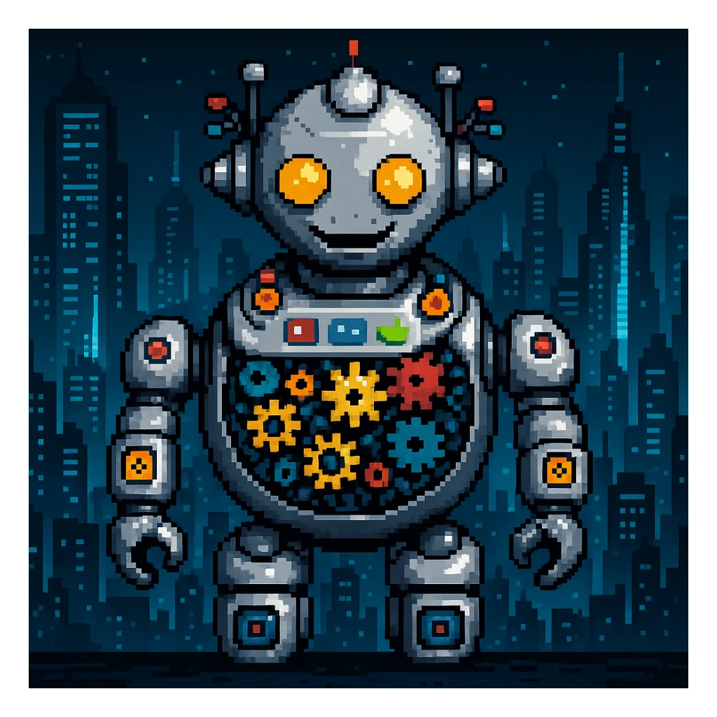 Add a futuristic city background, keep the robot with gears and data streams as the main subject, maintain pixel art style sticker