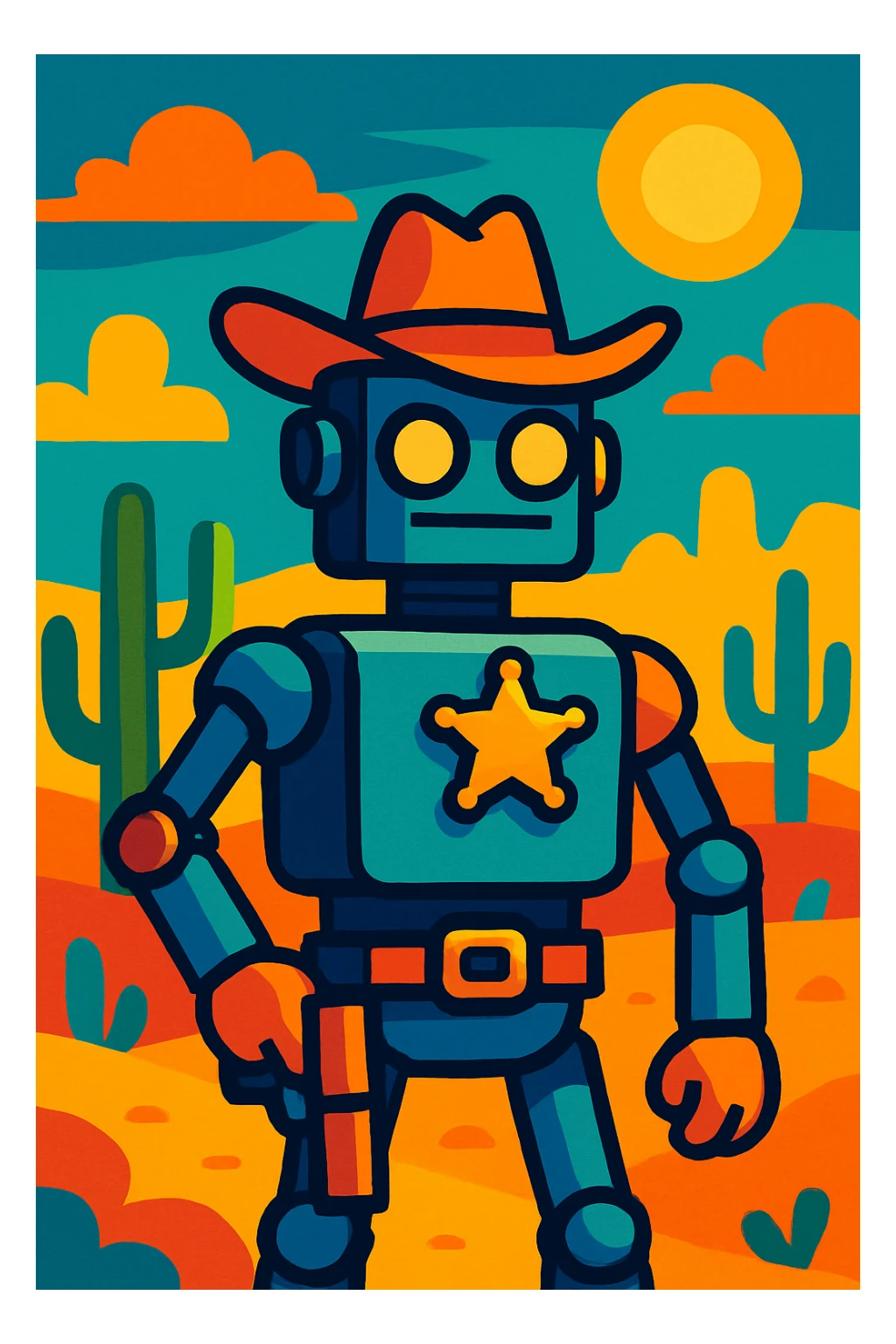 robot sheriff with glowing eyes, wearing a sheriff's hat and badge, standing in a desert, stylized illustration, vibrant colors sticker