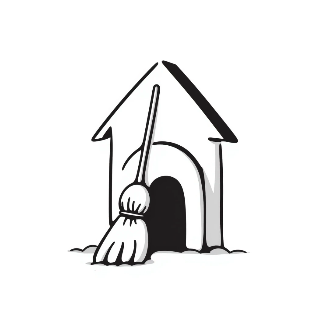 a hand drawn doodle of a broom in a doghouse sticker