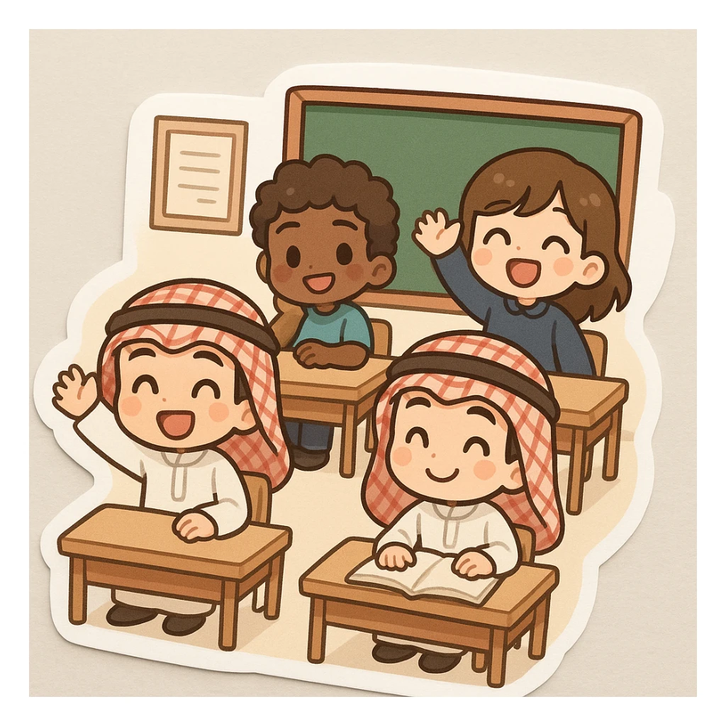 chibi-style classroom with diverse children, a few wearing red and white shemagh, playful and cute, school environment sticker
