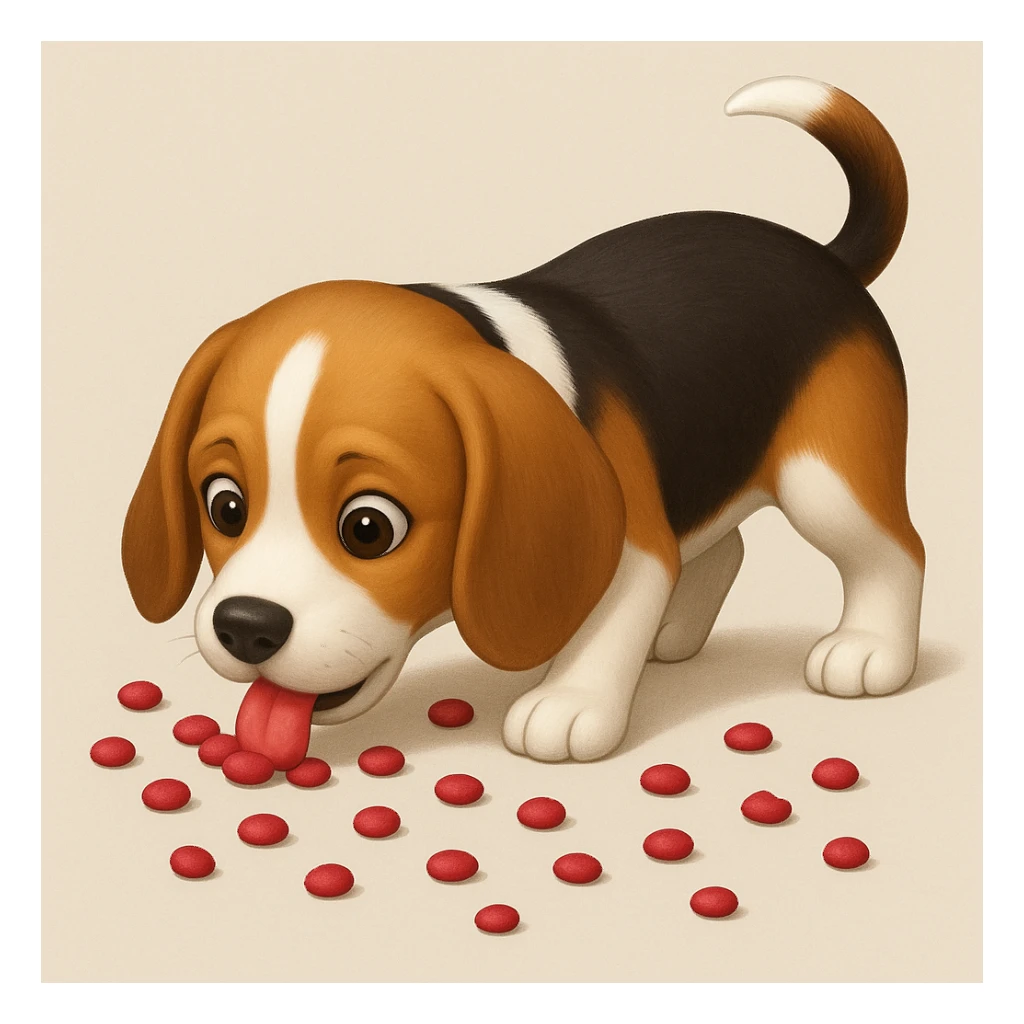 Beagle eats red food scattered on the floor, iphone emoji style, no bowl sticker