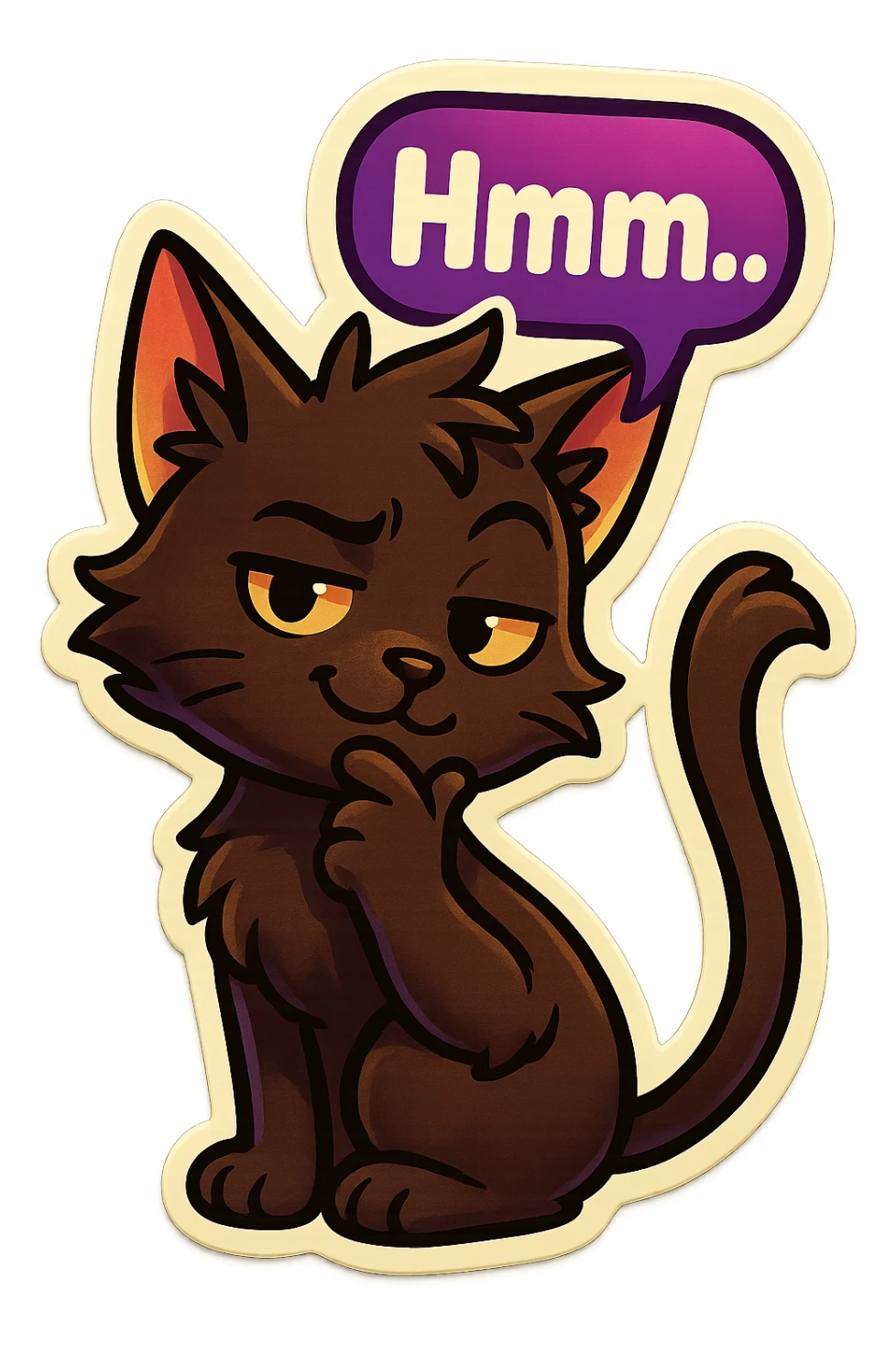 a dark-brown fluffy cute kawaii anime cat with tufted ears and a long thin tufted tail, thinking, smirking thoughtfully, saying “Hmm..” with a purple speech bubble sticker