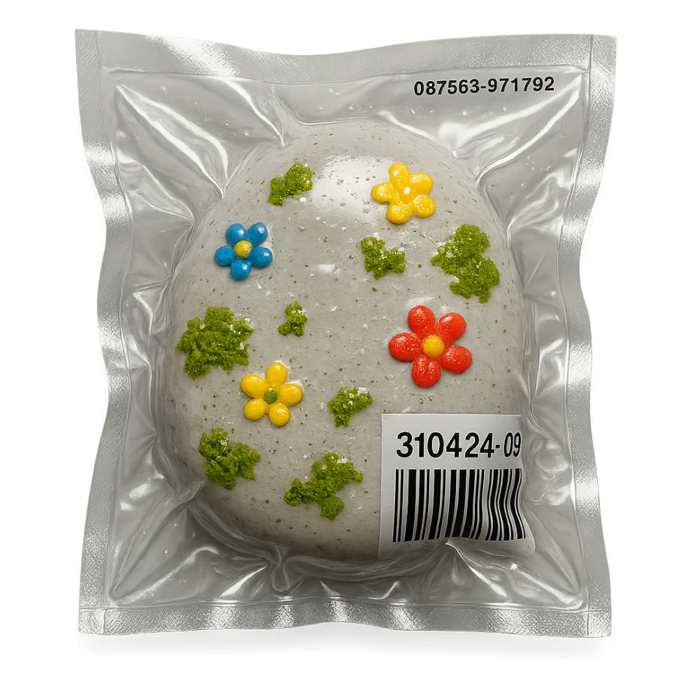 light gray stone with small colorful flowers and green moss, glossy and puffy sticker