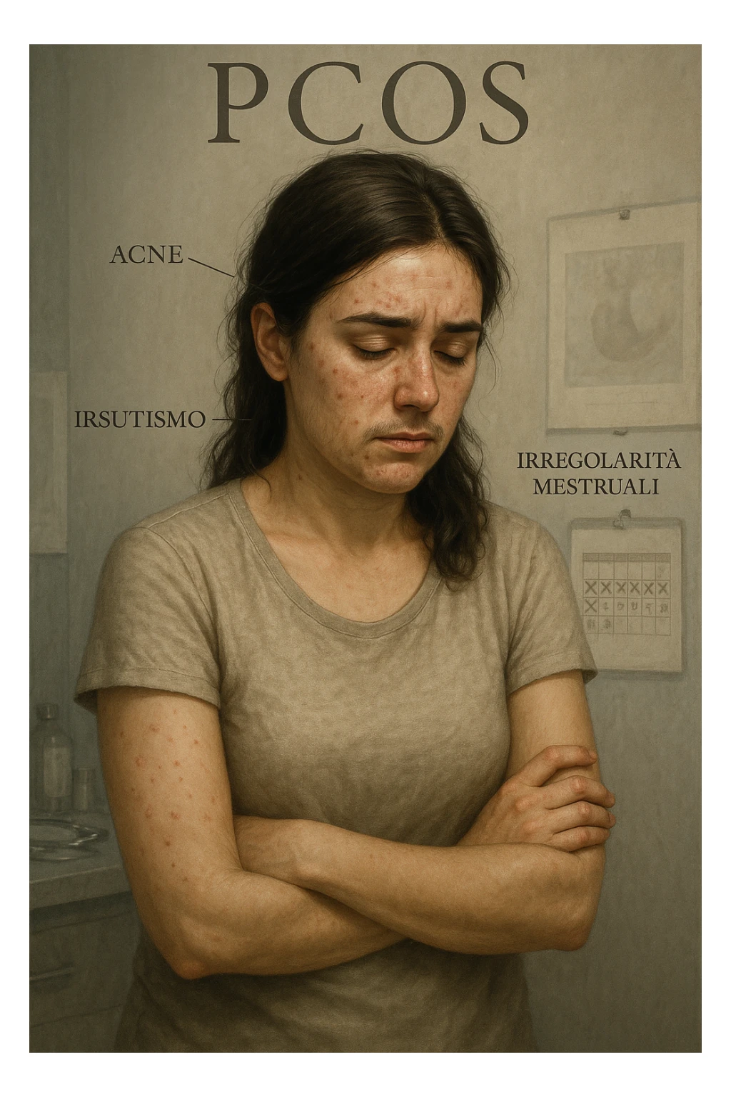 vertical realistic cinematic illustration representing PCOS (polycystic ovary syndrome): shows a woman with typical PCOS signs such as acne, hirsutism, irregular menstruation, and emotional distress. Clinical atmosphere, realistic details, Italian captions, aspect ratio 2:3 sticker