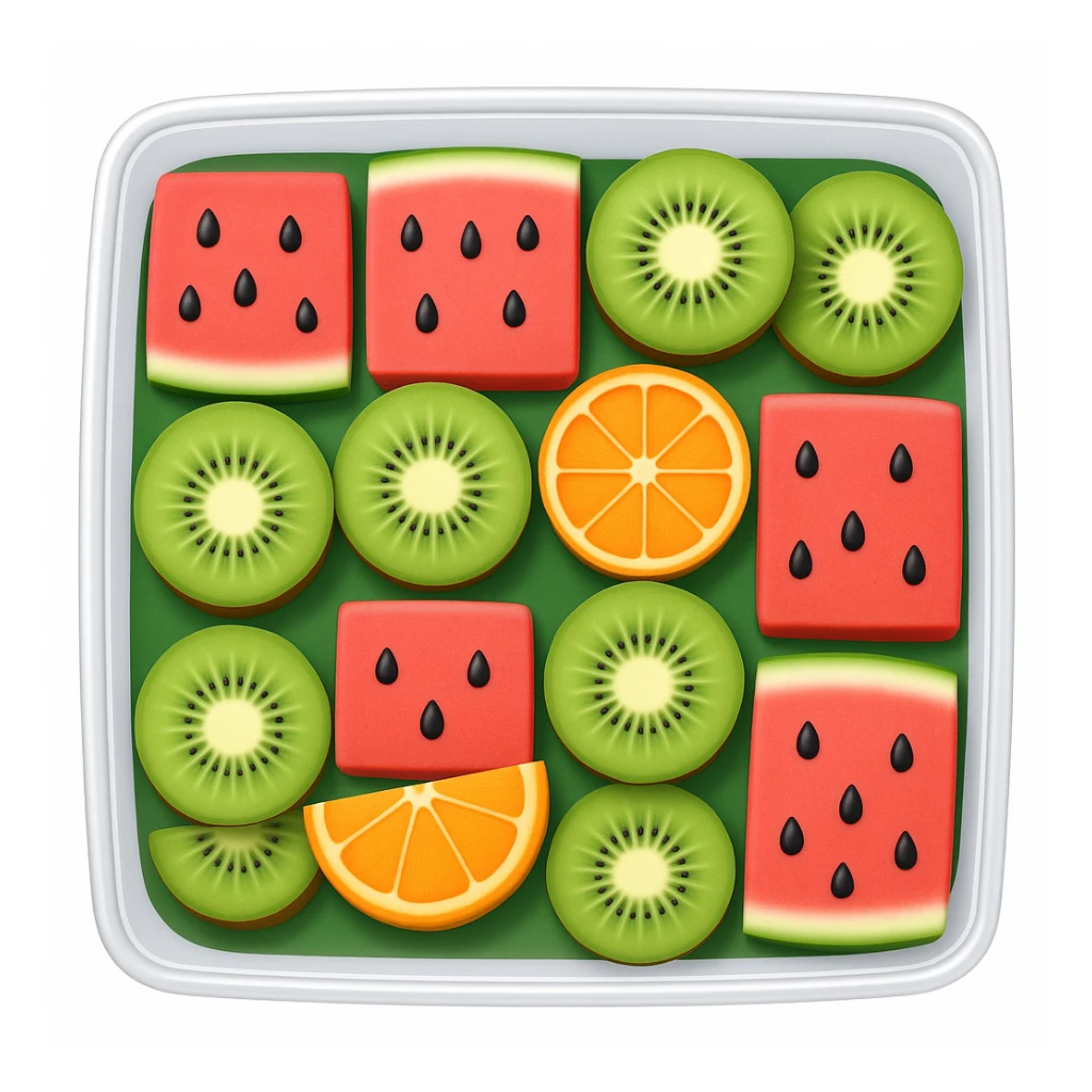 Change the box to a transparent container, keep the fruit platter arrangement the same, in the style of emoji (apple style emojis). sticker