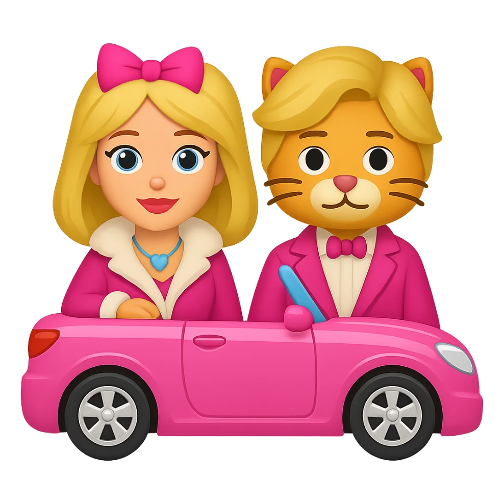 Add Barbie and Ken style wigs to both cats, keep them in a pink convertible, emoji style, no background. The style should resemble emoji style with bright colors and simple shapes. sticker