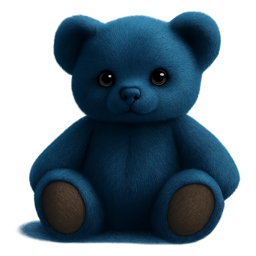 Change the teddy bear's fur to a realistic blue color, keep soft lighting and transparent background. The style should maintain a realistic and soft lighting look. sticker
