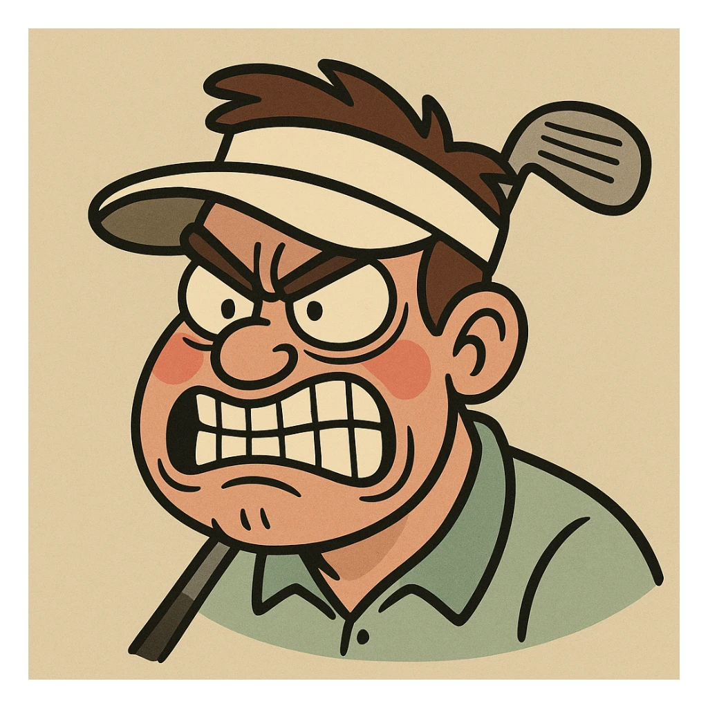 mad golfer's face, teeth clenched, red cheeks, golf visor, bold lines, cartoon style sticker