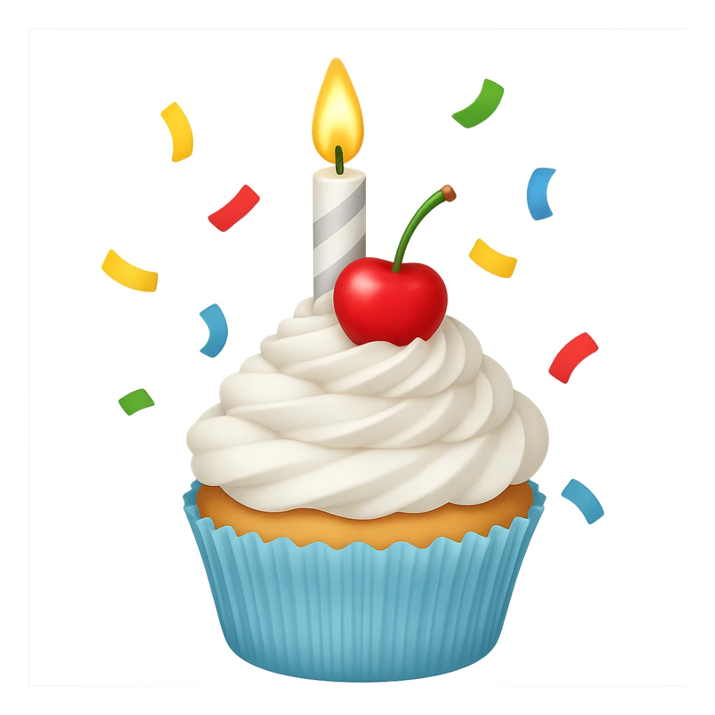 Make this a birthday cupcake with a candle and confetti, keeping the white color and apple emoji style. Remove the background. sticker