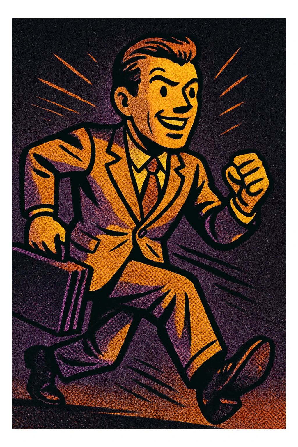 businessman, warm palette in yellow, orange, purple, violet gradient tones, dark solid bg sticker