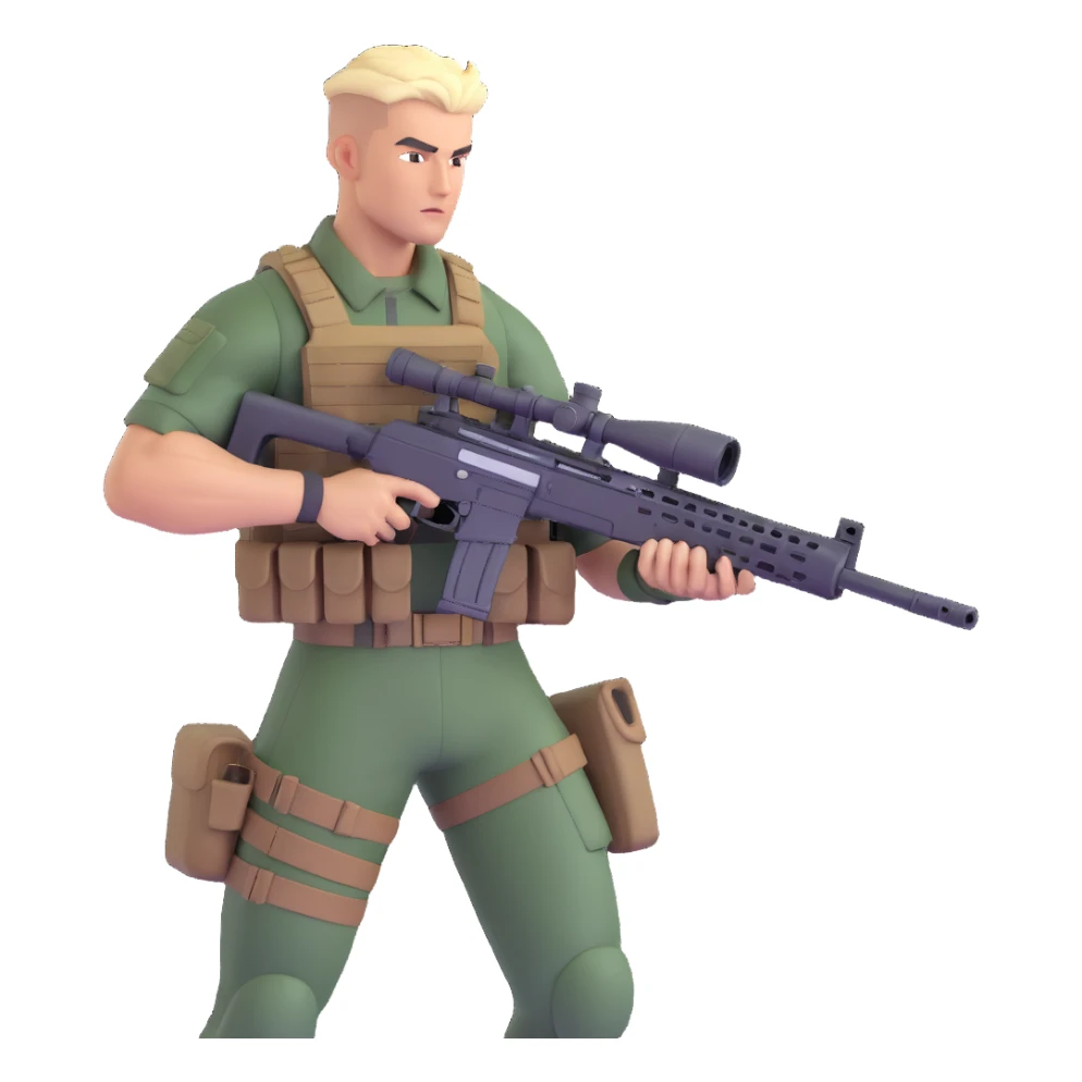 muscular soldier with a cool hairstyle holding a sniper rifle, dynamic pose, detailed uniform, action vibe sticker