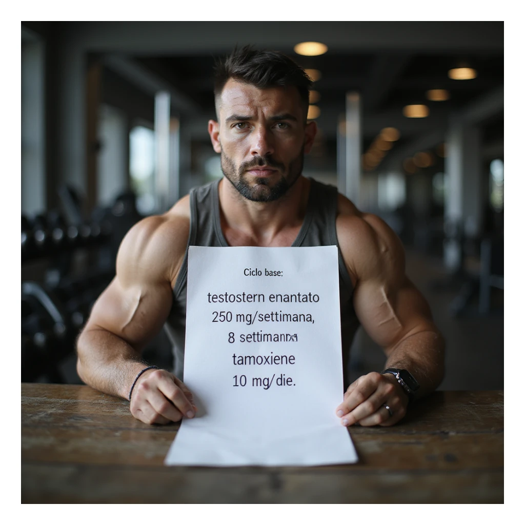 Bodybuilding coach sitting at a gym desk showing a sheet with the protocol clearly written: 'Ciclo base: testosterone enantato 250 mg/settimana, 8 settimane, tamoxifene 10 mg/die.' The coach appears serious and professional, realistic gym environment, hyperrealistic 4K details. sticker