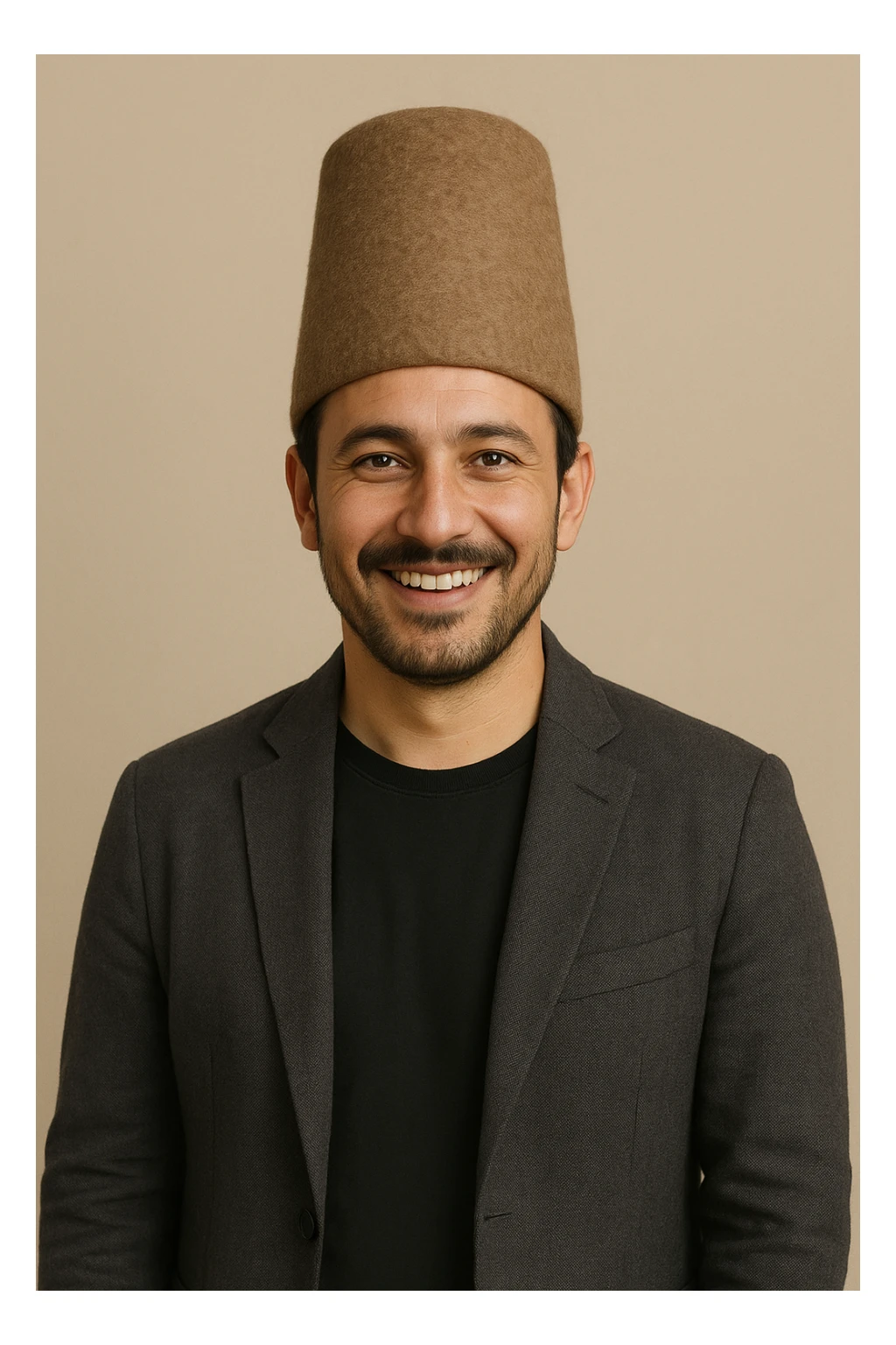 Konyalı adam, modern kıyafetli, Konya şapkası, gülümseyen, sade arka plan sticker