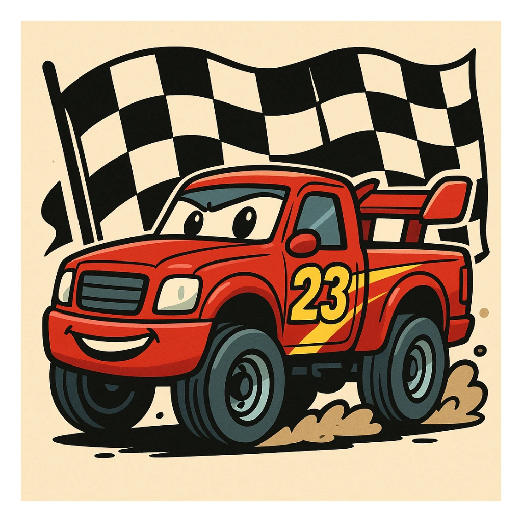 race truck with a checkered flag background, cartoon style sticker