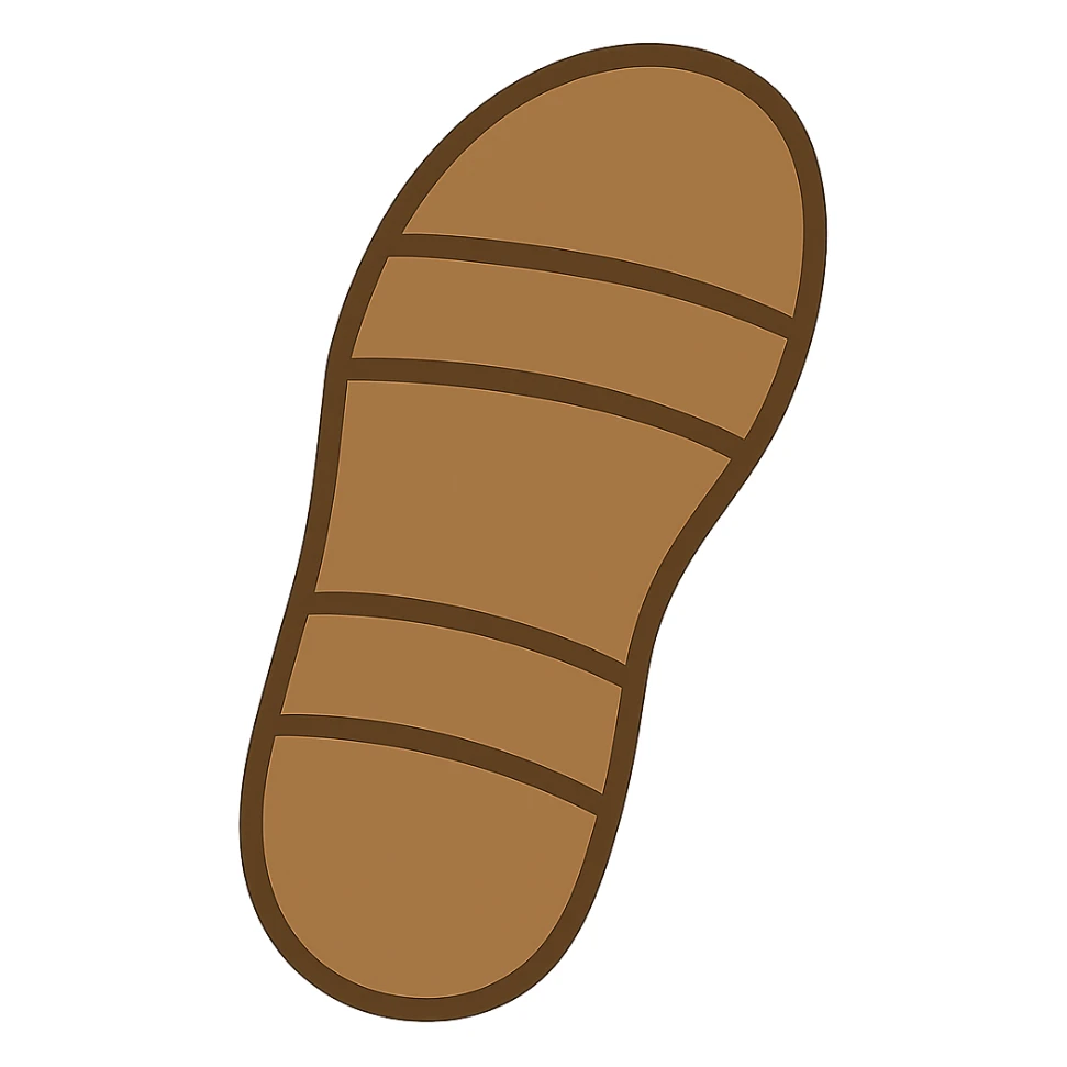 Edit the image to depict a sandal sole with two straps, minimal detail, viewed from the bottom and matching the angle of the reference image, in emoji style. sticker
