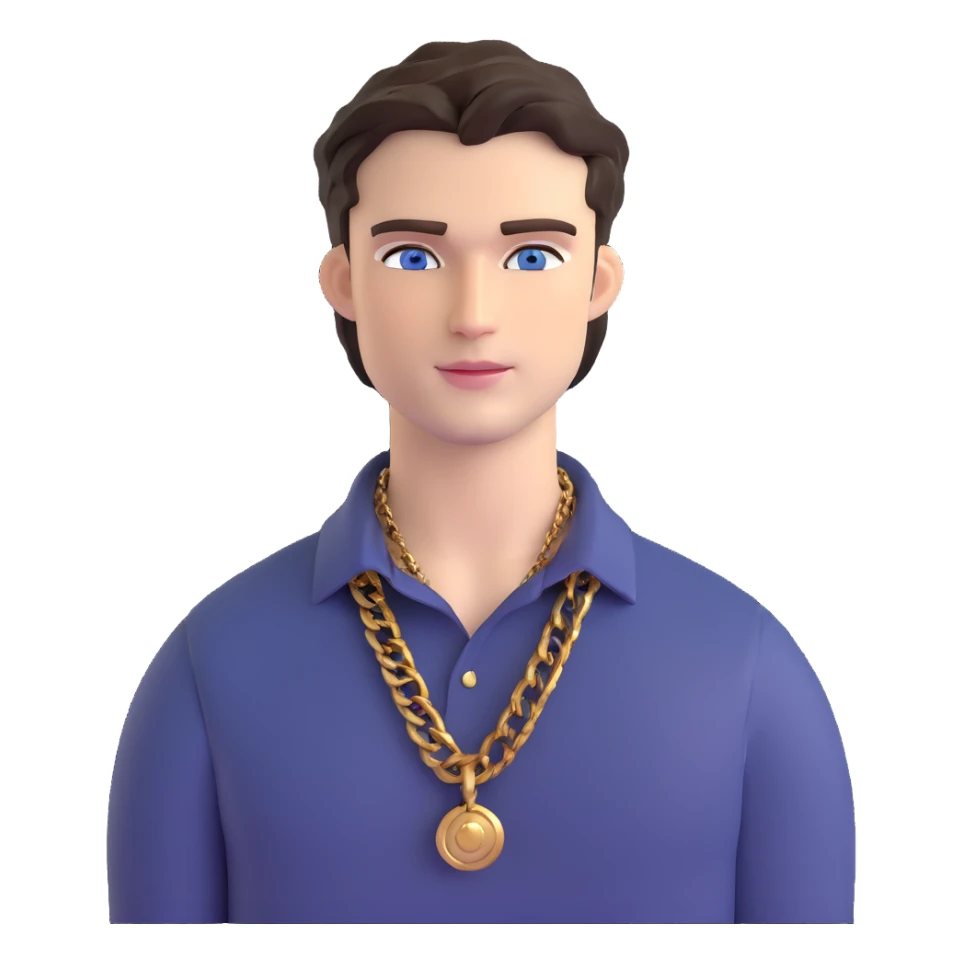 handsome male with intense blue-grey eyes, chiseled features, pale skin, confident smirk, dark brown styled hair, baddie energy, gold chain, stylish fitted shirt sticker