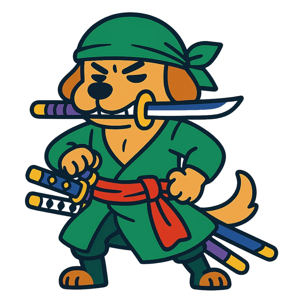 dog dressed as Zoro from One Piece, green bandana, three swords, confident pose, vibrant colors sticker