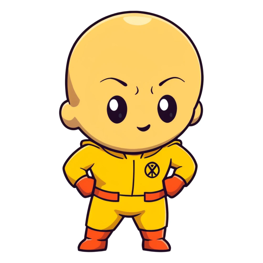 Saitama with blank face from One Punch Man, plain expression, bald head, simple round eyes, yellow hero suit, comical anime look sticker