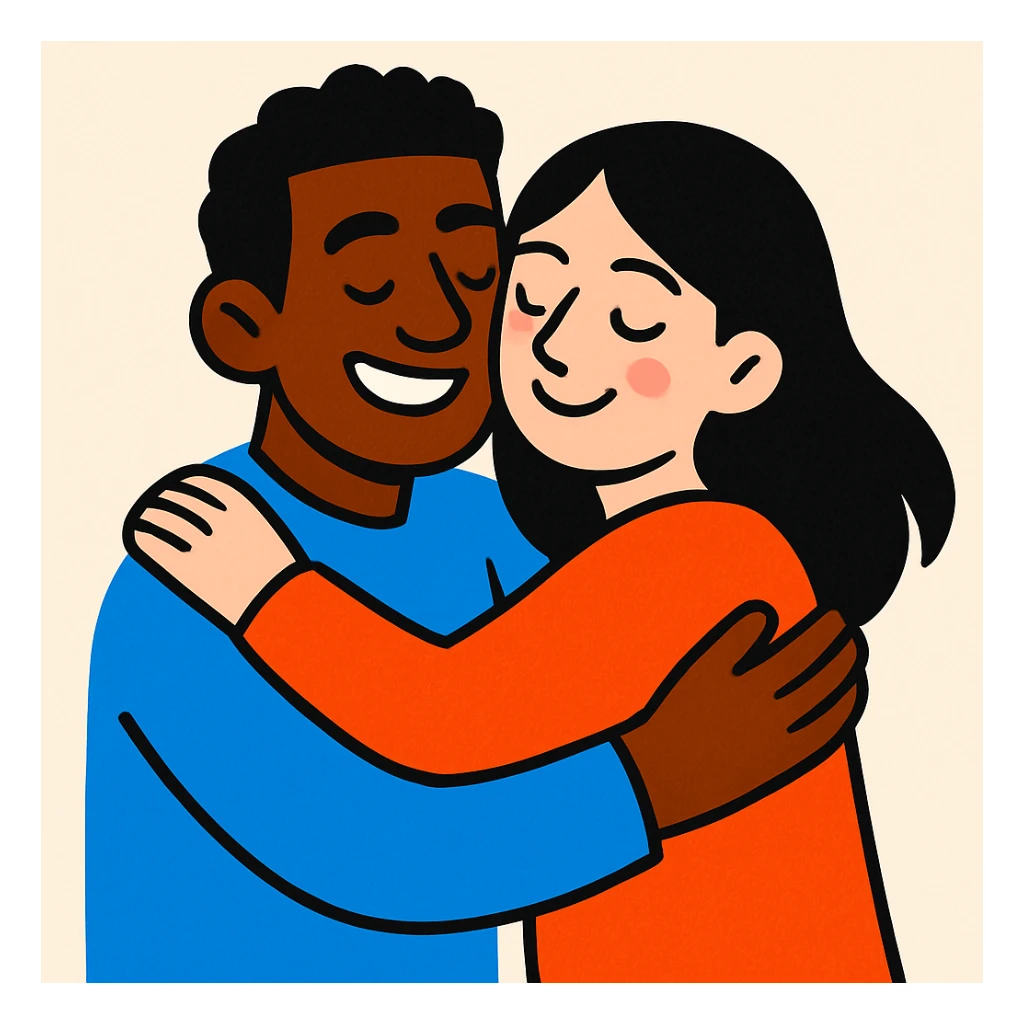 interracial couple hugging, brown-skinned man and white-skinned woman with black hair, illustration style, light background sticker
