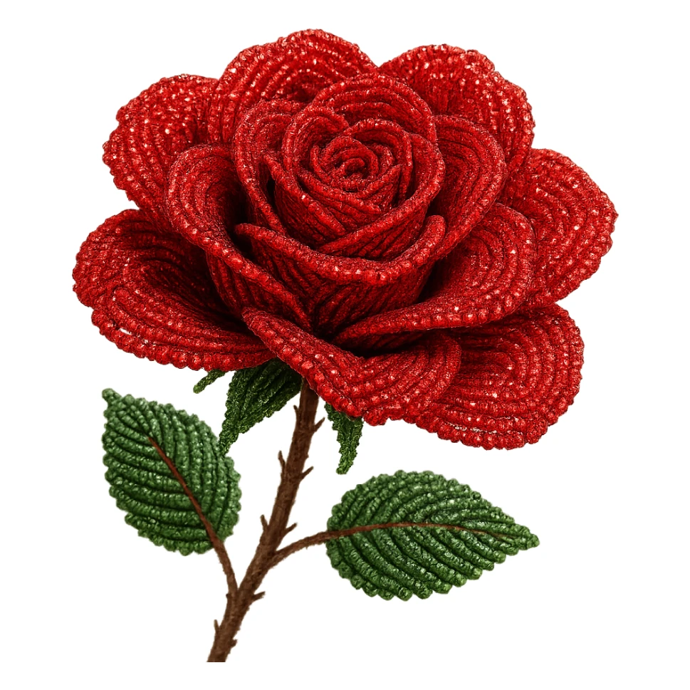 french beaded red rose, detailed beadwork, lush petals, sparkling effect, elegant, no background sticker