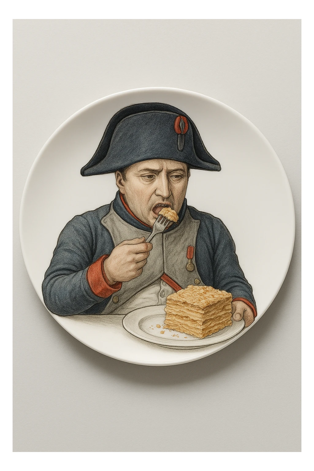 Сгенерируй мне такую тарелку, на которой наполеон бонапарт, и кладет себе в рот кусочек торта наполеон. Вид сверху. Тарелку видно полностью sticker