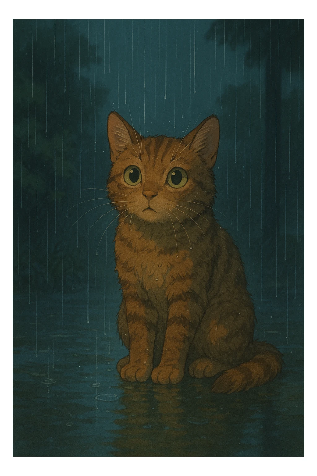 a cat in the rain, ghibli style, detailed, atmospheric, soft lighting sticker