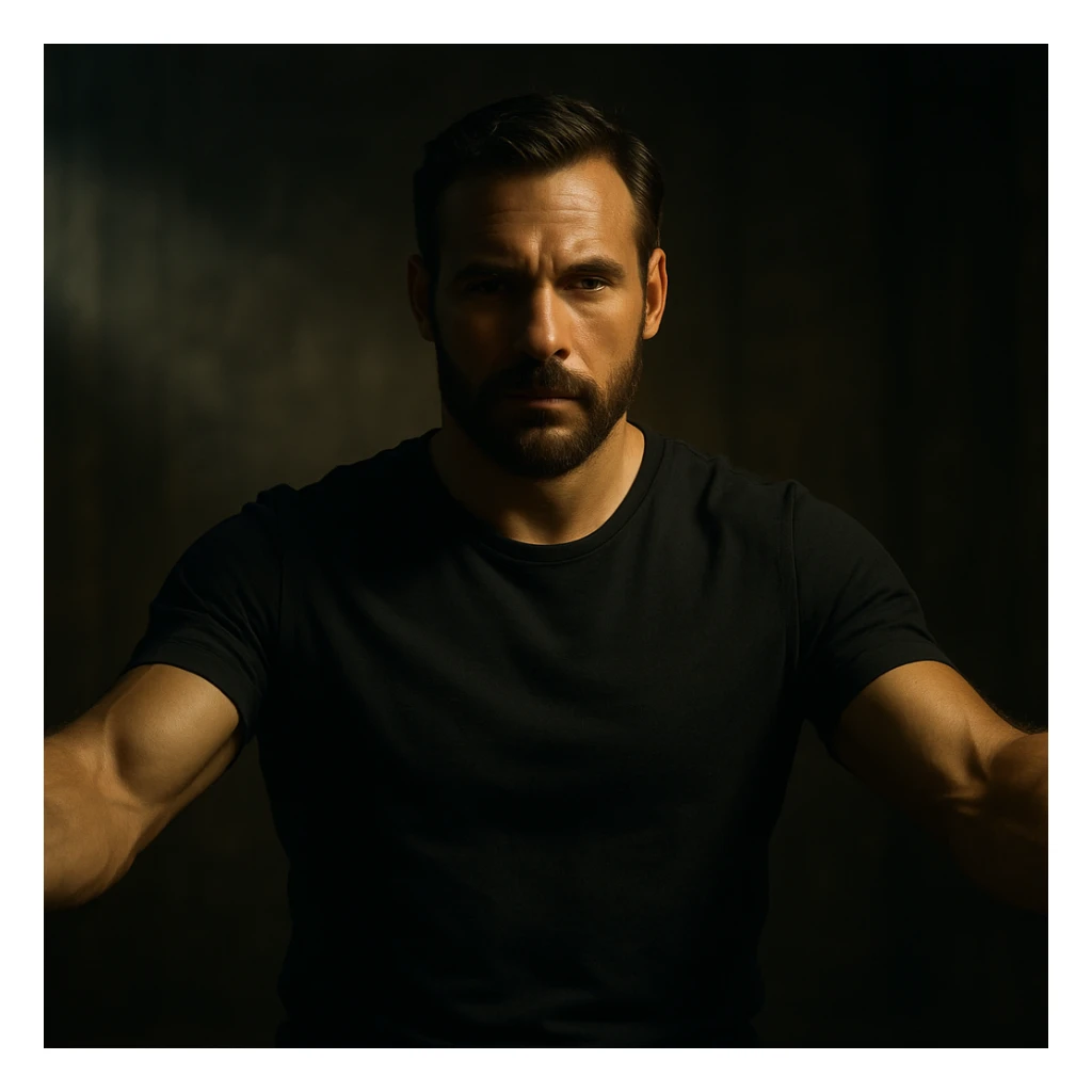 hyper realistic 4K cinematic image of a man exuding masculine and protective energy, intense but serene face, dramatic shadows, open arms, cinematic atmosphere sticker