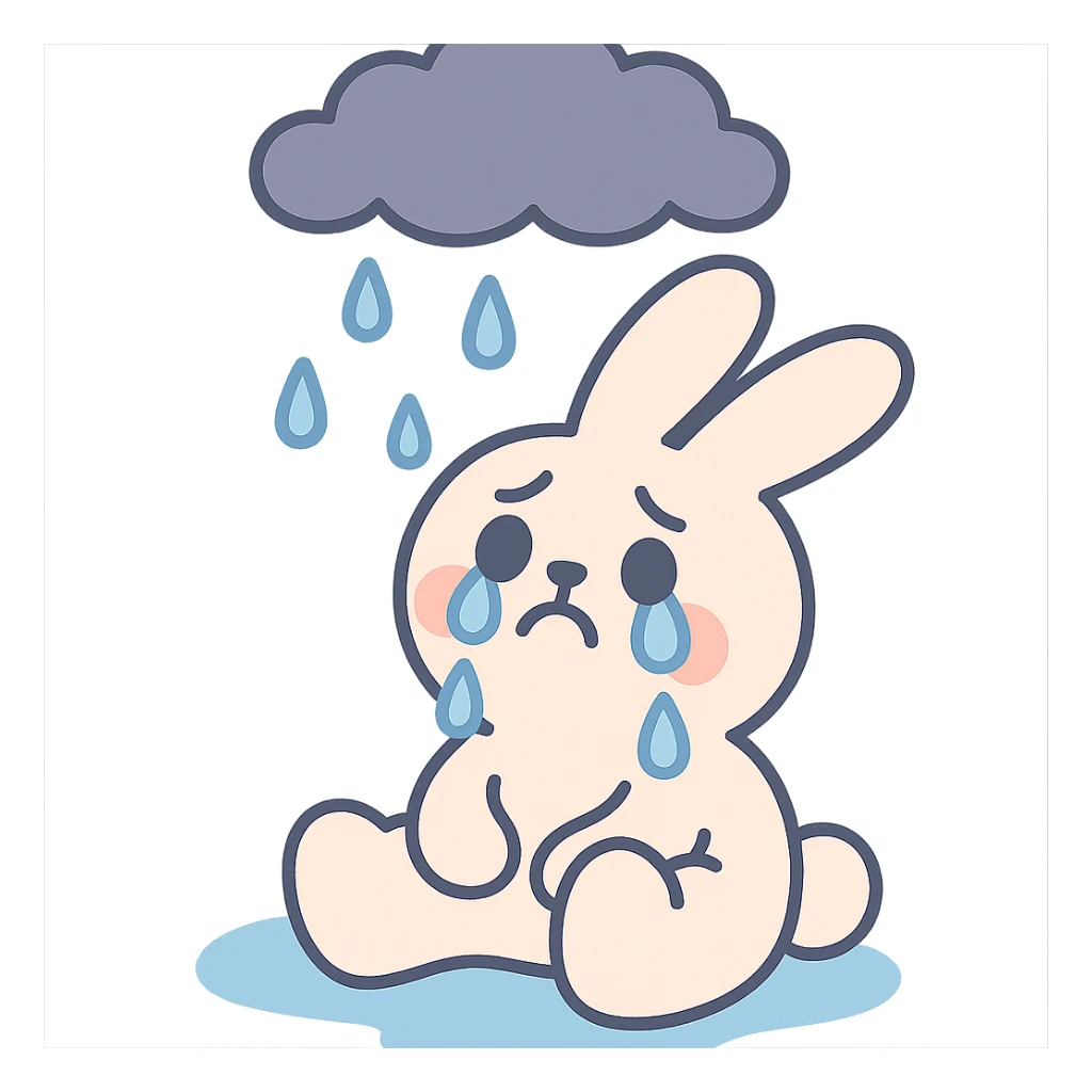 marshmallow bunny sitting with tears under a raincloud, pastel-toon style sticker