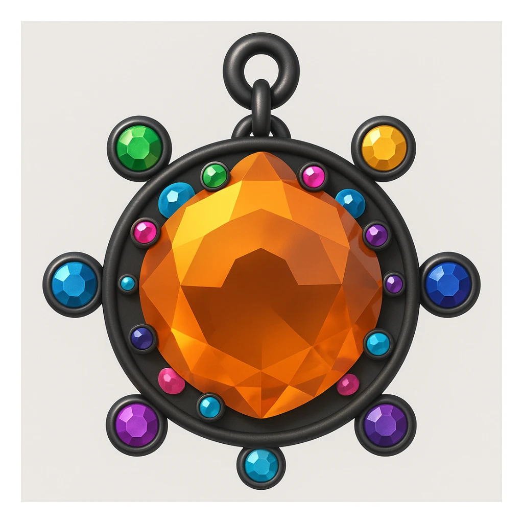 Transform this into a charm: add a black chain attached to the top and small colorful gemstone accents around the main amber gem, keep the 3D emoji style sticker