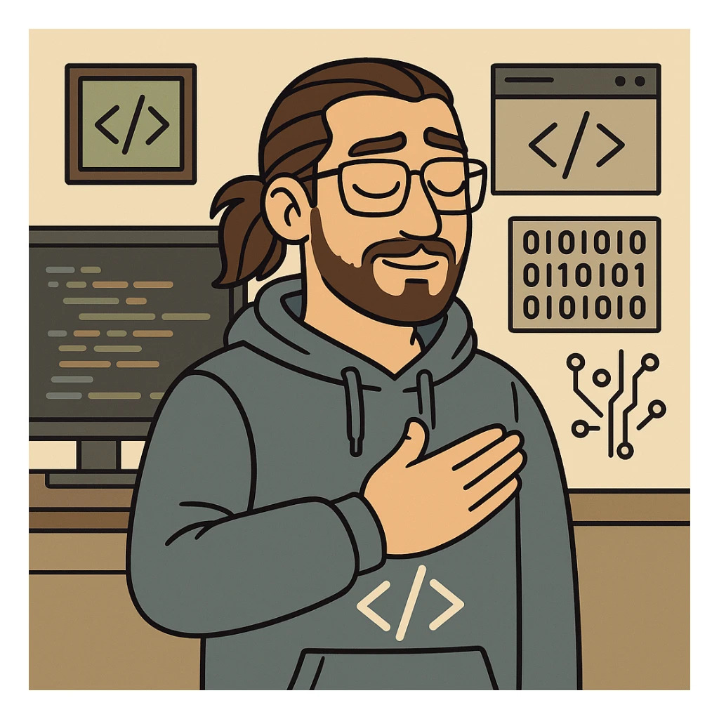 male software developer making 'eyvallah' gesture, right hand on chest, long brown hair tied back, glasses, short beard, light tan skin, wearing a hoodie with </> logo, tech and code background sticker
