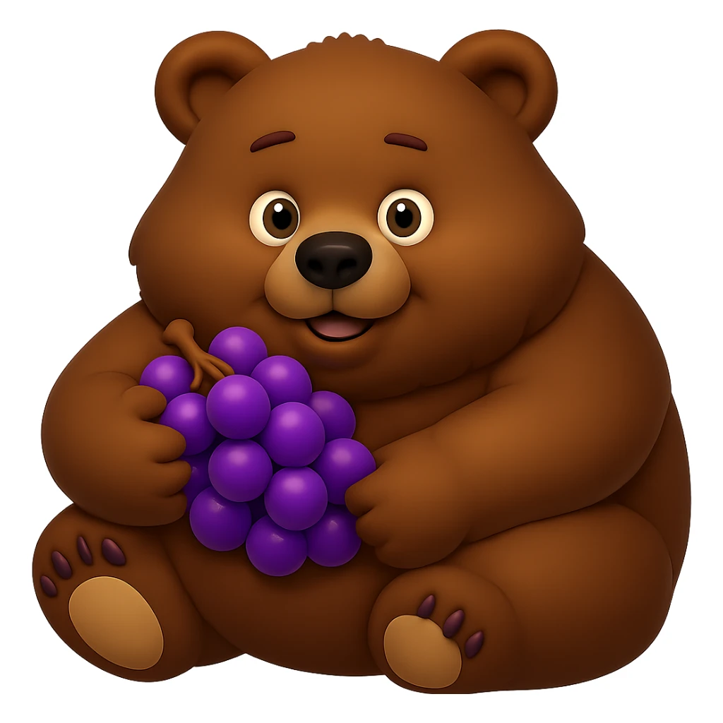 Make the grapes purple and the bear more chunky, keep no background. The style should be consistent with the original image's look. sticker