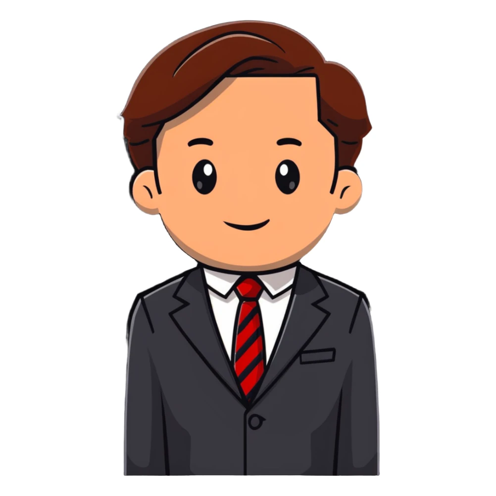 man with combed light brown hair wearing a suit with black horizontal stripes and a red tie sticker