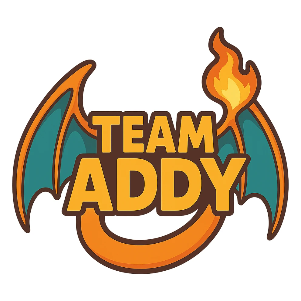 Team Addy text with Charizard-inspired wings and flame, Pokemon style, suitable for Discord emoji, vibrant and clear design sticker