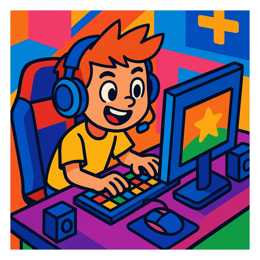 a young boy with a gaming setup, colorful and energetic, vibrant, playful, fun, modern sticker