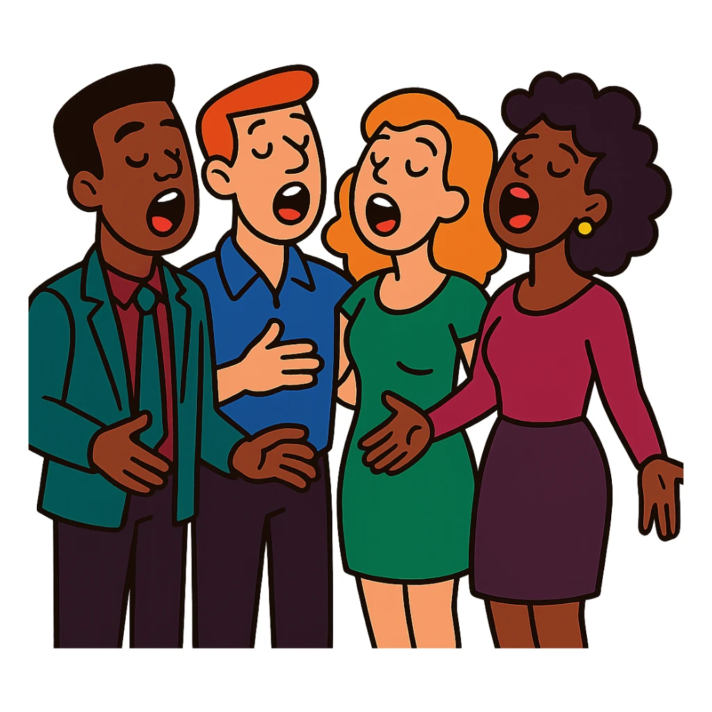 acappella group singing together, cartoon style, vibrant toon style sticker