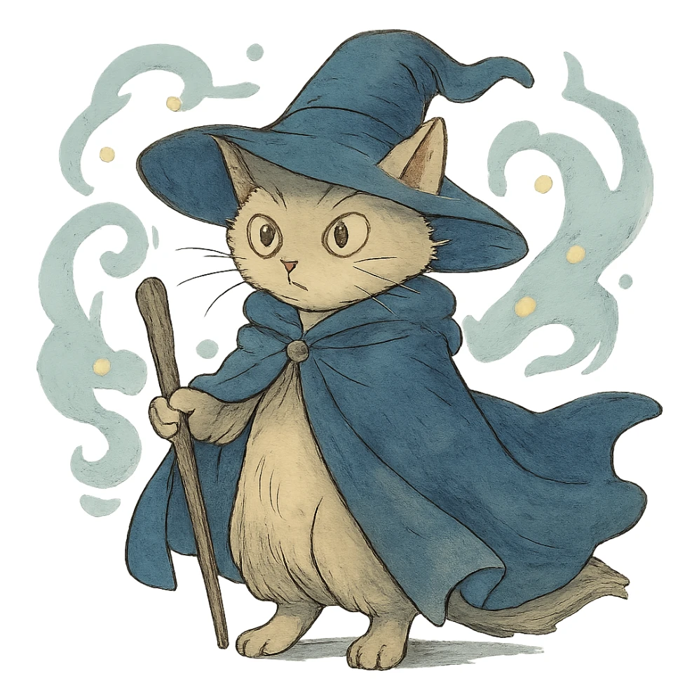 ghibli style wizard cat with a flowing cloak and magical aura sticker