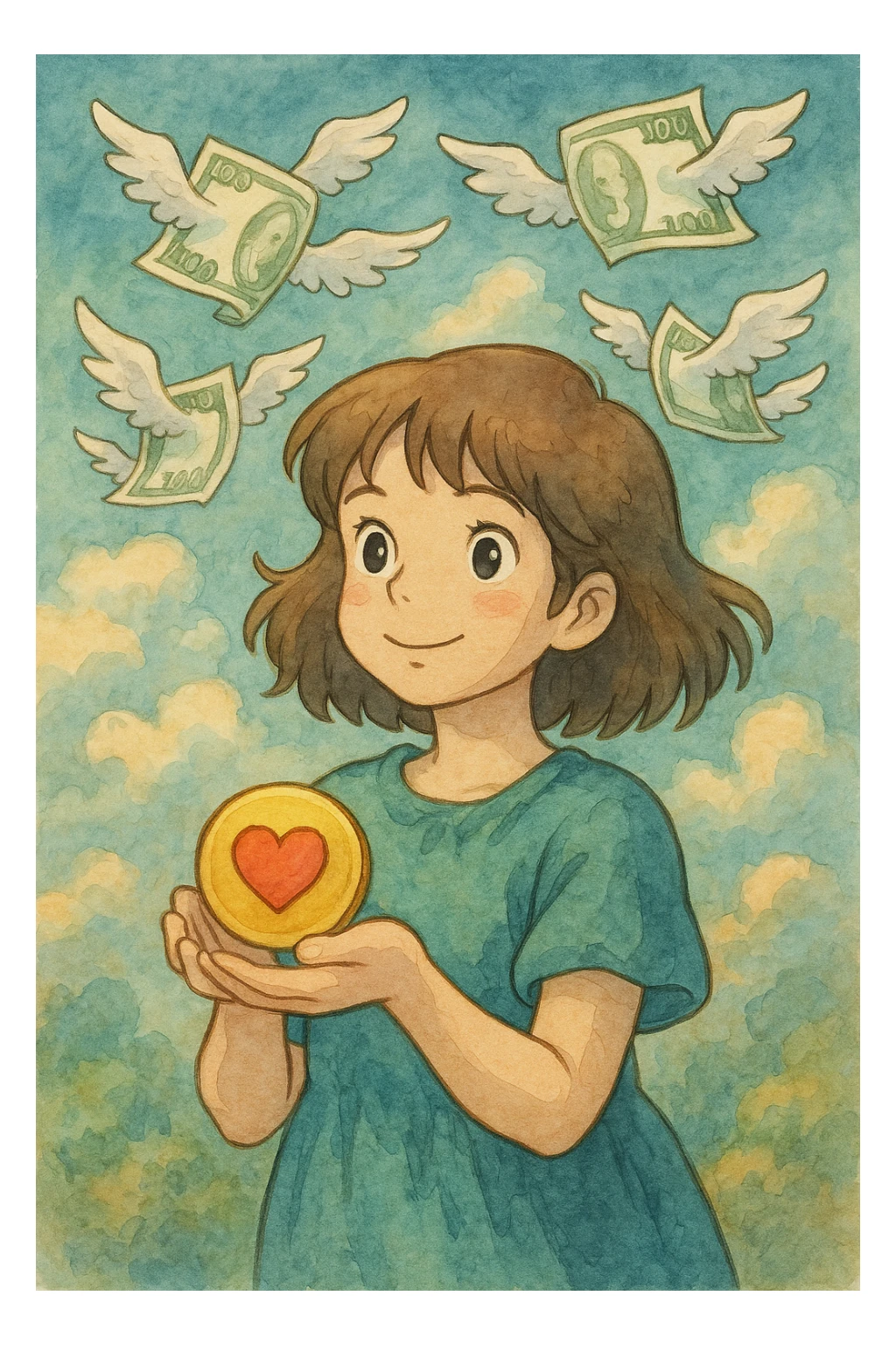 money with wings, donation emoji, ghibli style sticker