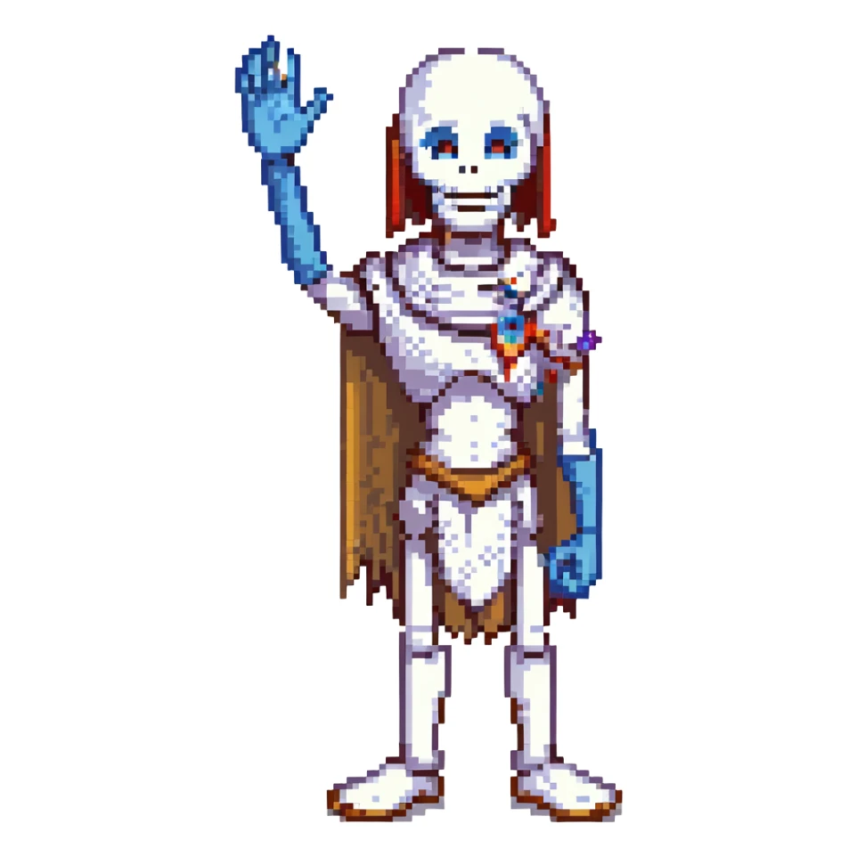 pixel art of Papyrus from Undertale, grinning, standing with one hand raised, minimal background sticker
