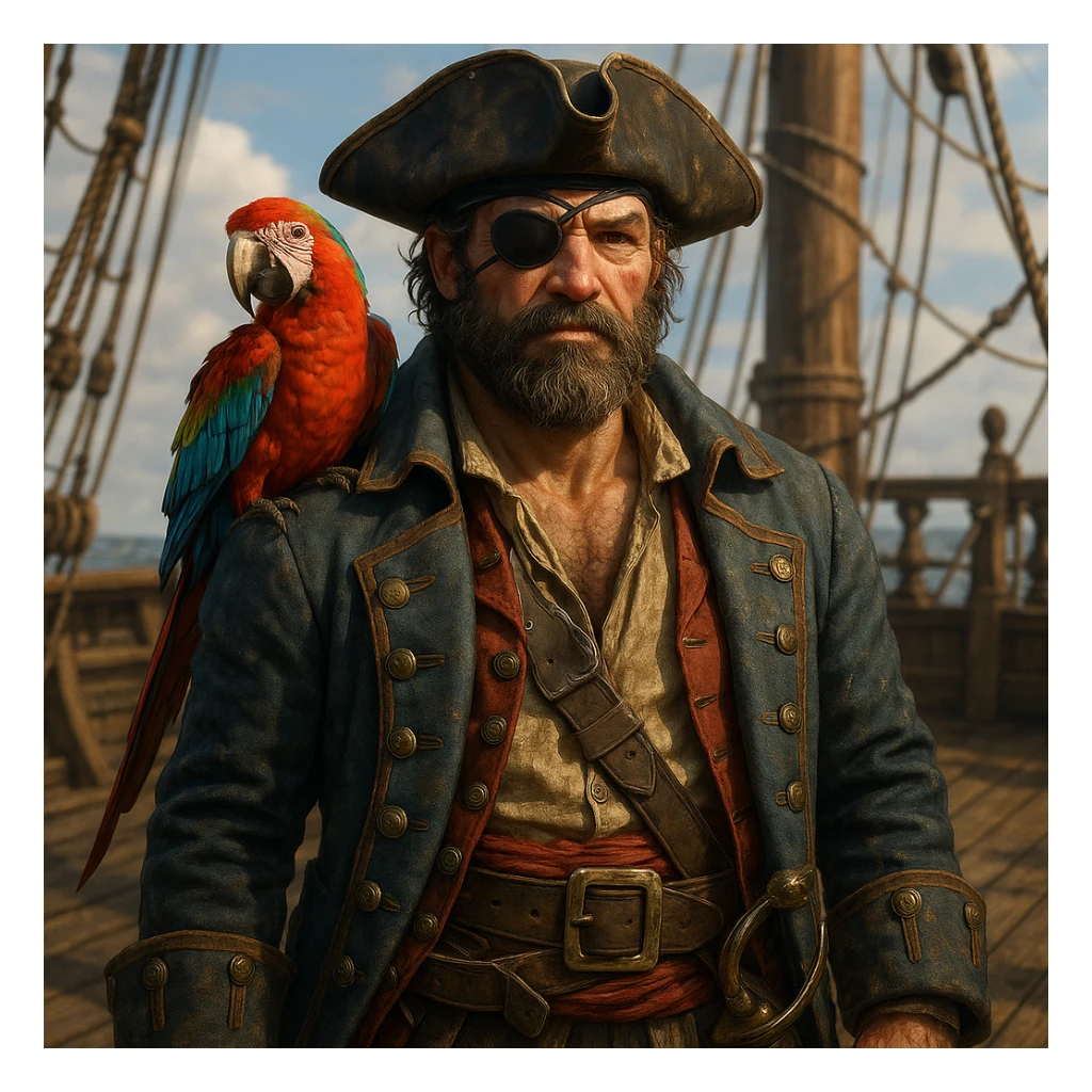 3d art of a pirate with eye patch and parrot in sticker