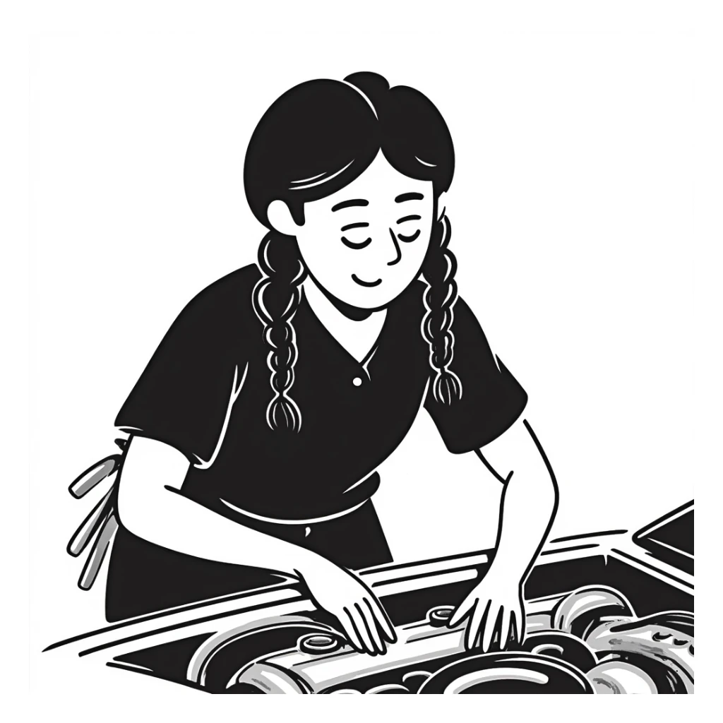 A 40-year-old Latina woman with light brown skin, two braids pulled back, dressed in all black mechanic scrubs, working as an auto mechanic sticker