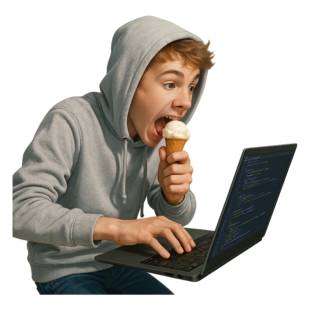 a white teen in a hoodie, eating ice-cream, typing quickly on a laptop, coding, techy vibe, energetic and modern sticker