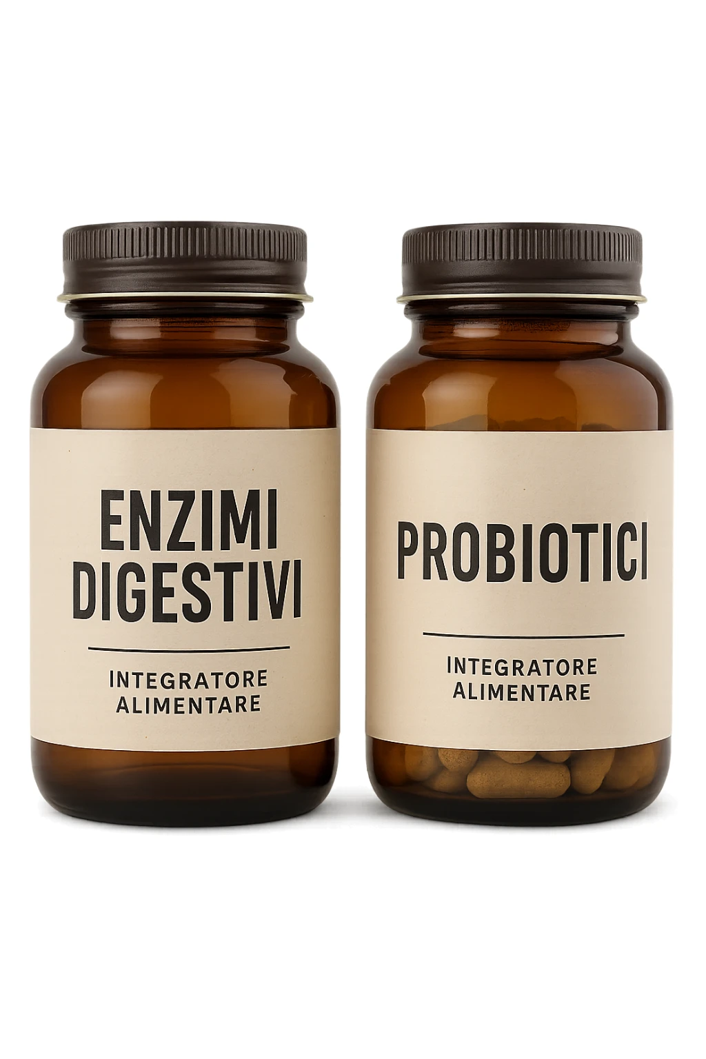 DUE BARATTOLI di integratore con la scritta "ENZIMI DIGESTIVI" E "PROBIOTICI", iperrealistico 4k sticker